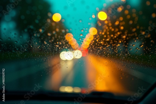 windscreen of car with rain drop water at night, generative AI
