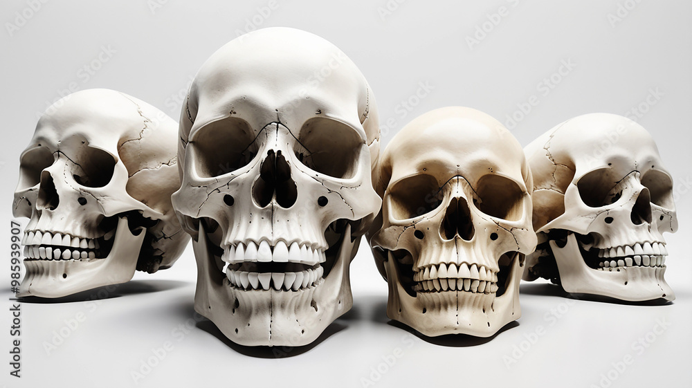 A skull creatively rendered in diverse styles on a clean white backdrop, offering unique variations A skull creatively rendered in diverse styles on a clean white backdrop, offering unique variations