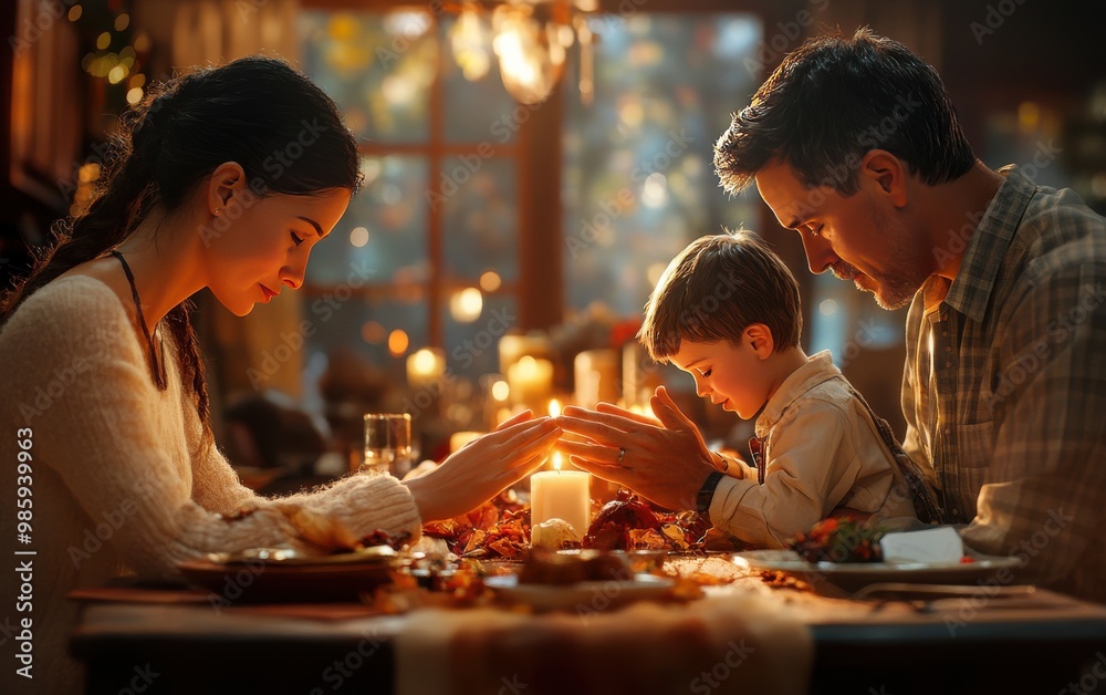 A family gathered around a candlelit dinner table, engaging in a warm, intimate moment of gratitude and reflection during an autumn evening. A family gathered around a candlelit dinner table, engaging in a warm, intimate moment of gratitude and reflection during an autumn evening.