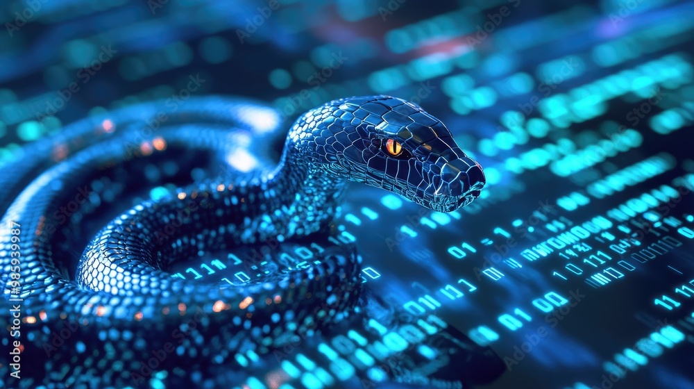 Python programming: A computer screen displaying Python code with a digital snake, symbolizing the power and efficiency of Python as a programming language. Python programming: A computer screen displaying Python code with a digital snake, symbolizing the power and efficiency of Python as a programming language.