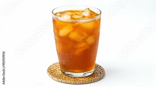 Refreshing Thai Iced Tea in a Glass with Ice on a Coaster. photo