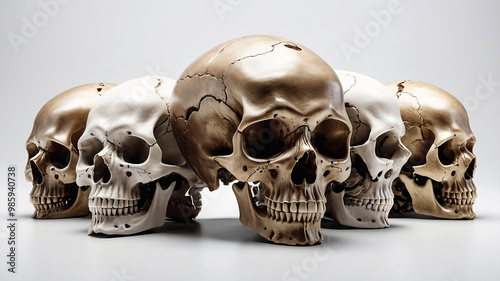 A skull creatively rendered in diverse styles on a clean white backdrop, offering unique variations