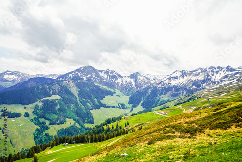 Landscape at the Wiedersberger Horn in the Alpbachtal. View of nature and the mountains and the Zillertal Alps near Alpbach in Austria. 