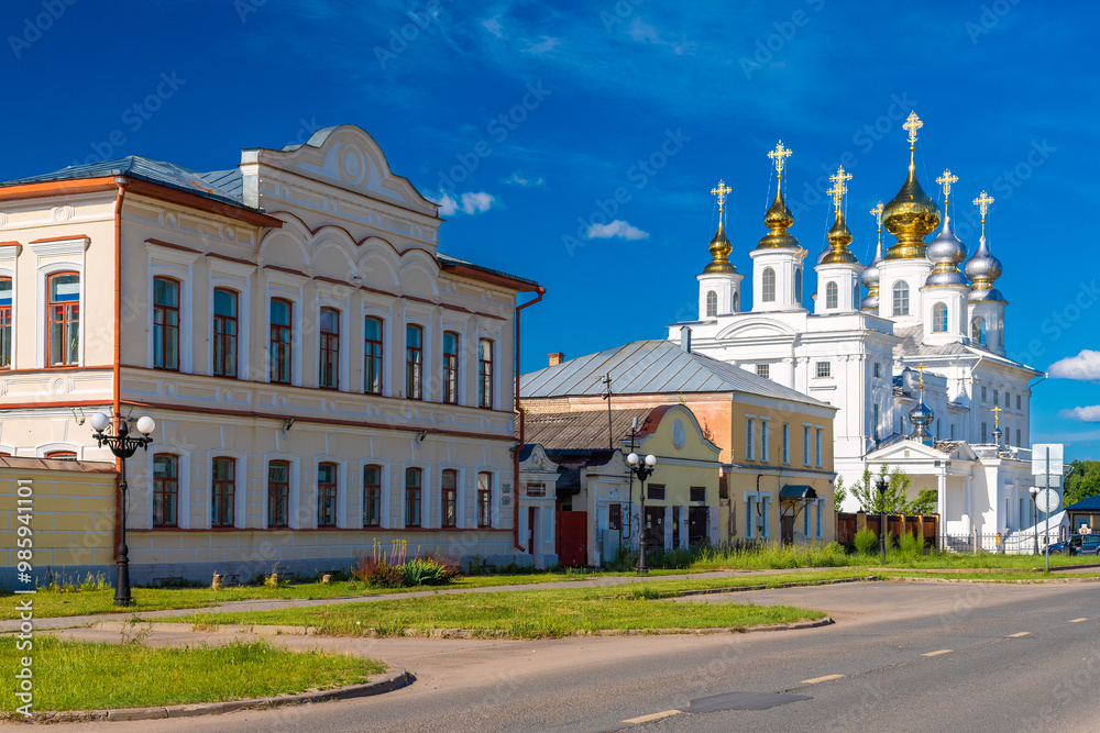 A view of Teatralnaya street and The Resurrection Cathedral in Shuya, Russia. An old Russian town.