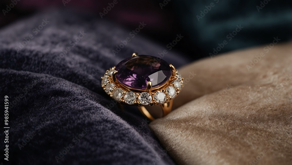 Diamond and amethyst ring on a velvet cushion. Diamond and amethyst ring on a velvet cushion.