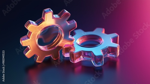 Two transparent 3d gears with a glass morphism effect, symbolizing technology and updates, floating against a gradient background. photo