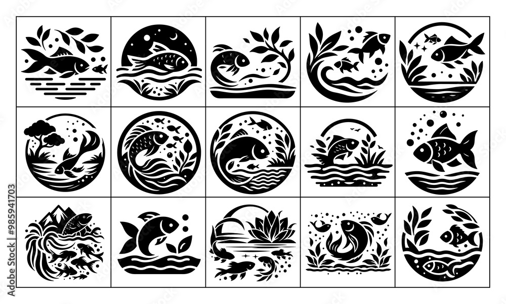 Fish swimming in a pond, vector silhouette, On a White Background Fish swimming in a pond, vector silhouette, On a White Background