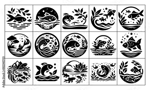 Fish swimming in a pond, vector silhouette, On a White Background