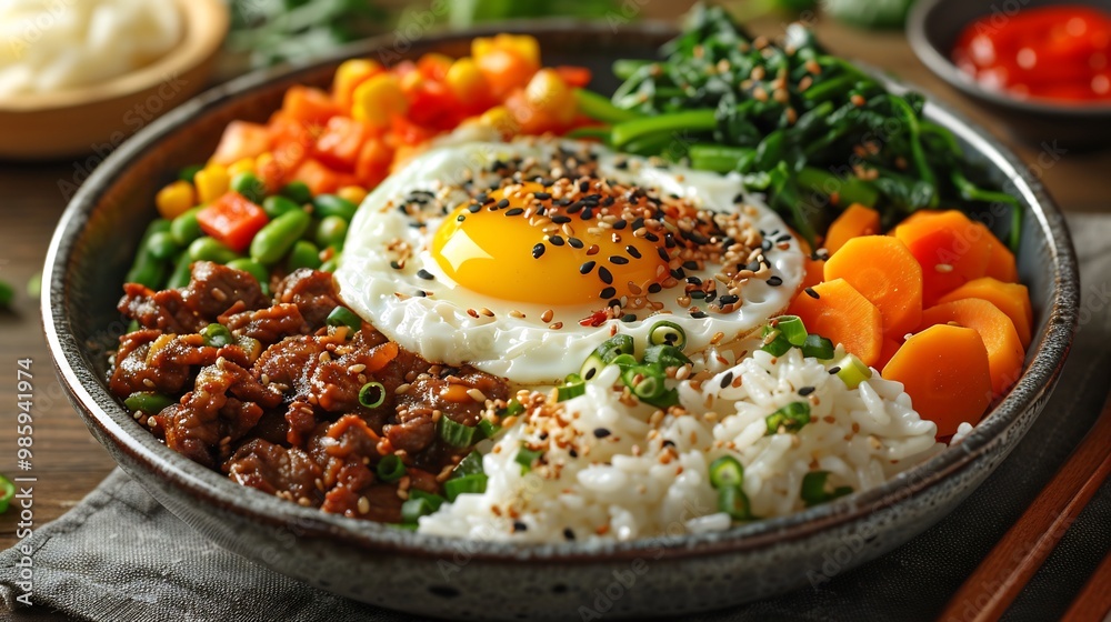 Korean bibimbap a perfect fried egg on top surrounded by colorful vegetables marinated beef and rice served with gochujang sauce
