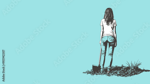 woman digging with a shovel, making holes, viewed from behind, isolated on white background with space available for text