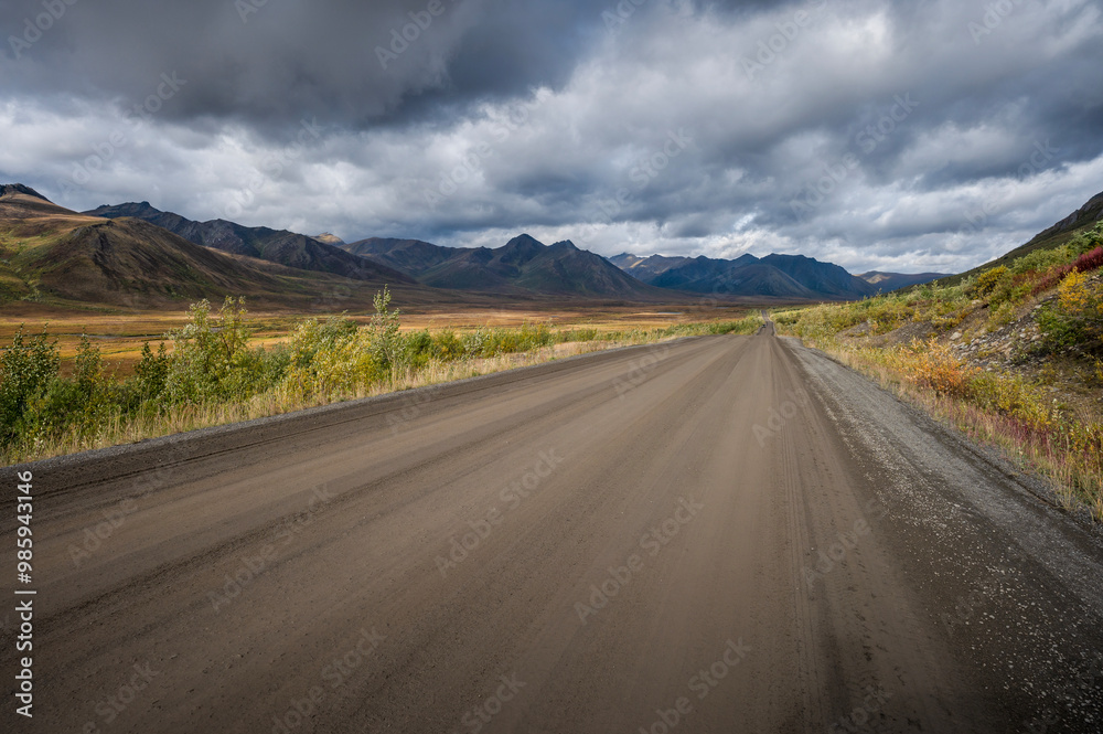 Fototapeta premium Dempster Highway in a valley in Tombstone Territorial Park, Yukon, Canada