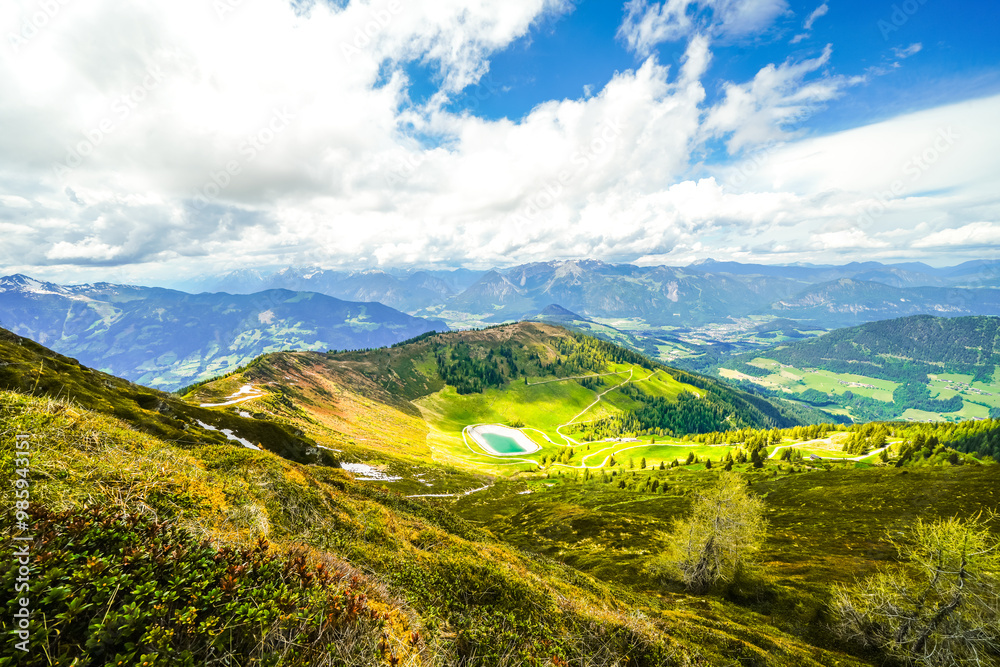 Naklejka premium Landscape at the Wiedersberger Horn in the Alpbachtal. View of nature and the mountains and the Zillertal Alps near Alpbach in Austria. 
