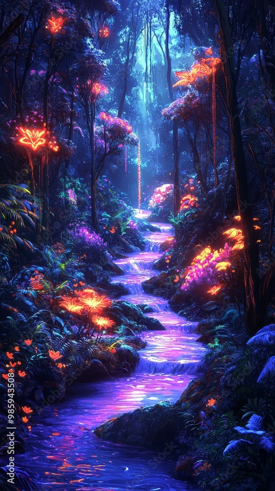 Enchanted Neon River in a Glowing Forest of Fantasy - Surreal and Imaginative World. Enchanted Neon River in a Glowing Forest of Fantasy - Surreal and Imaginative World.