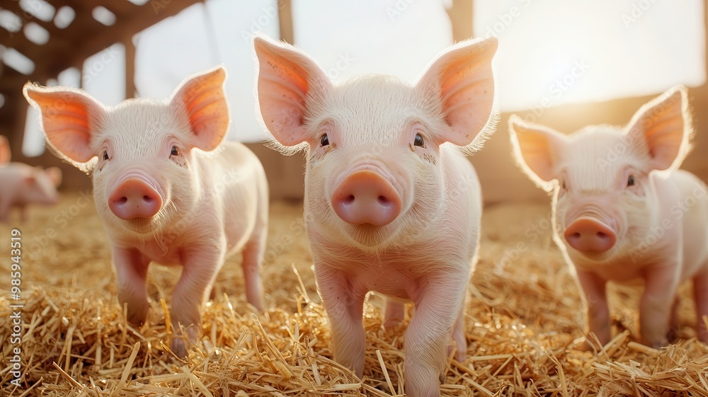 Adorable baby piglets playing in the straw inside a rustic barn, with sunlight streaming through the wooden beams Adorable baby piglets playing in the straw inside a rustic barn, with sunlight streaming through the wooden beams