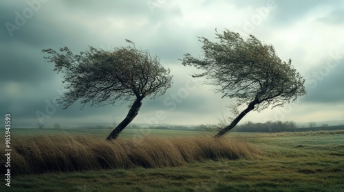 Windy landscape: Two trees bending under the wind in an open field, capturing the beauty and drama of a windy scene