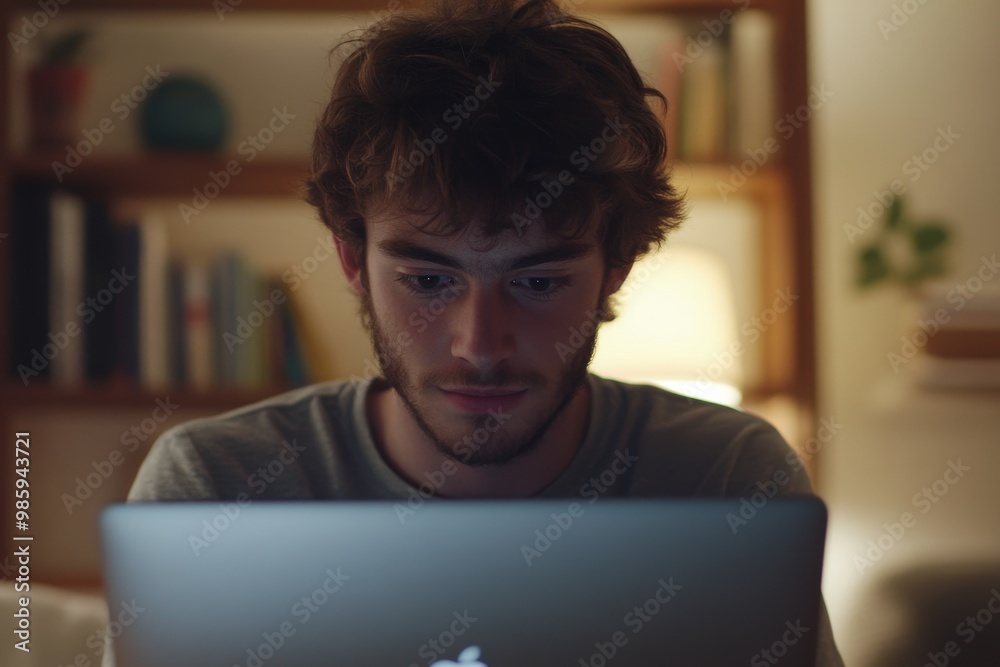 Focused Man Working on Laptop in Dimly Lit Room Focused Man Working on Laptop in Dimly Lit Room