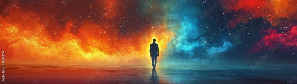 Journey to Imagination - Abstract Figure Walking Through Glowing Doorway to Colorful World. Journey to Imagination - Abstract Figure Walking Through Glowing Doorway to Colorful World.