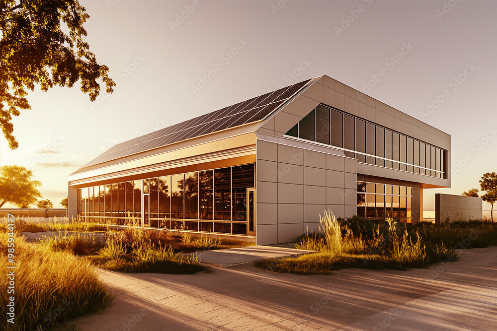 Obraz premium Office or factory with solar panels on the roof, concept sustainable business and green energy.