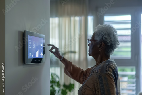 An elderly black woman adjusts the heating in a smart home system on a tablet on the wall.