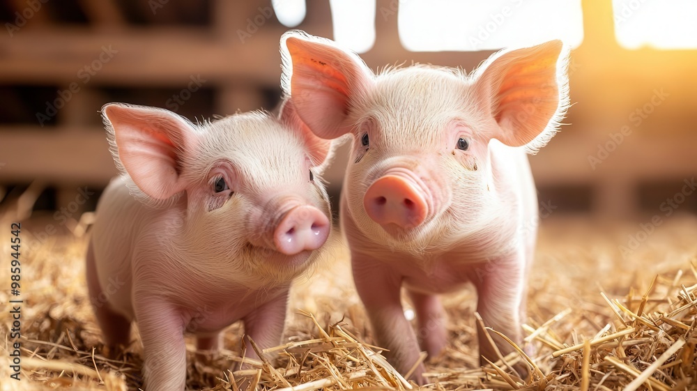 Adorable baby piglets playing in the straw inside a rustic barn, with sunlight streaming through the wooden beams Adorable baby piglets playing in the straw inside a rustic barn, with sunlight streaming through the wooden beams
