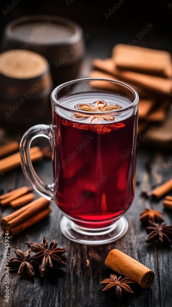 Mulled wine in glass on black wooden table Mulled wine in glass on black wooden table