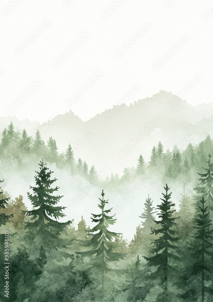 Fototapeta premium Watercolor, simple green summer forest background with space at the top of the page for writing.