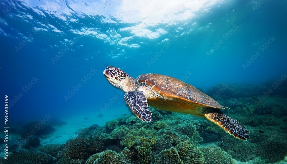 Obraz premium 바닷속 헤엄치는 거북이, 생성형AI