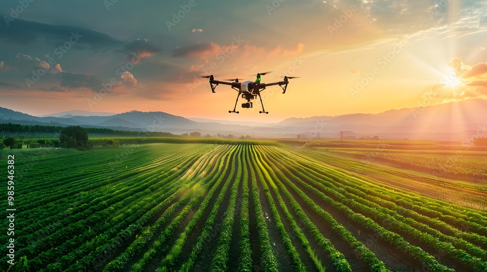A drone hovers over a lush green field during sunset, showcasing modern agriculture and innovative farming technology. A drone hovers over a lush green field during sunset, showcasing modern agriculture and innovative farming technology.