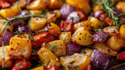 Close-up of delicious roasted vegetables, including potatoes, peppers, and onions, seasoned with herbs and spices for a flavorful dish.