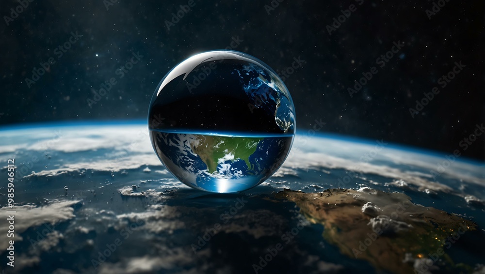 Earth reimagined as a water droplet in space, highlighting its fragility.