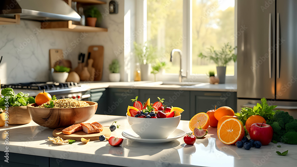 Modern kitchen interior. Fresh fruits and vegetables on table, free space Modern kitchen interior. Fresh fruits and vegetables on table, free space