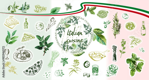 Gourmet Italian food set - Italy, vector design of typical foods of mediterranean cuisine. Herbs of italian cuisine with elements of food such as pizza, pasta, antipasti and vegetables.