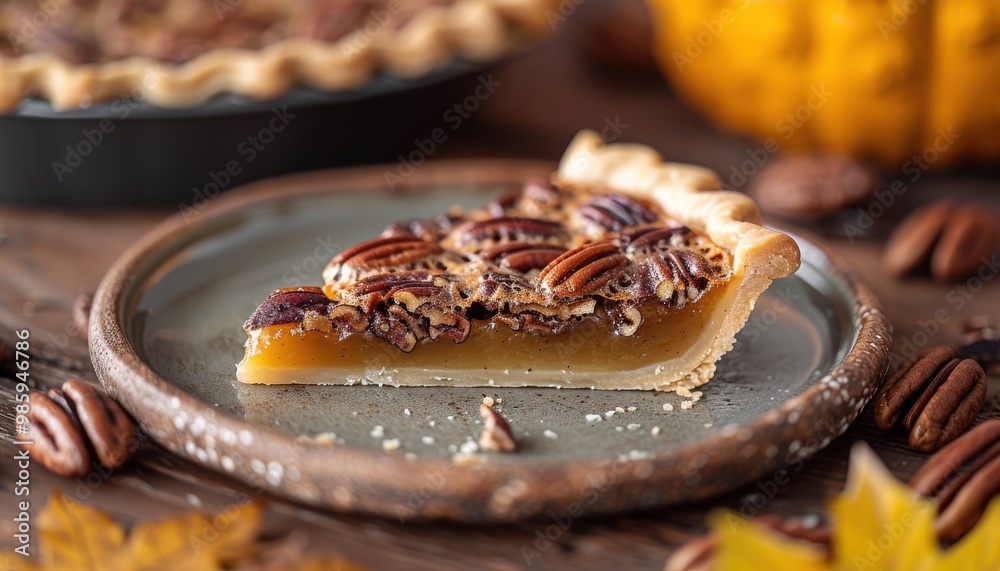 Close-up of a pecan pie slice on a rustic plate, with a background of pecans and gourds, perfect for Thanksgiving or autumn themes.