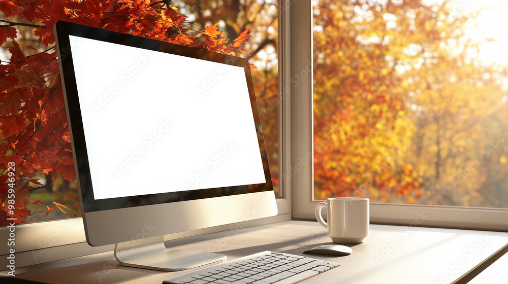 Fototapeta premium Computer Mockup screen and a cup on a table , the template features a computer blank white screen on day light in autumn . 