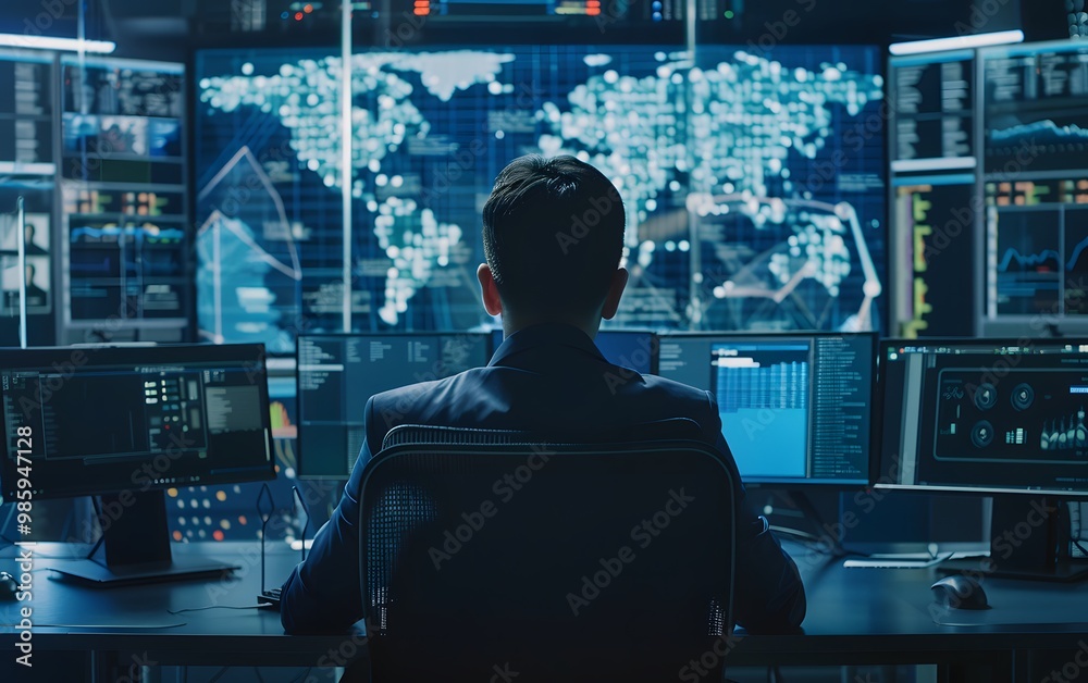 A professional analyst observes global data on multiple monitors, focusing on analytics in a tech-driven environment. A professional analyst observes global data on multiple monitors, focusing on analytics in a tech-driven environment.