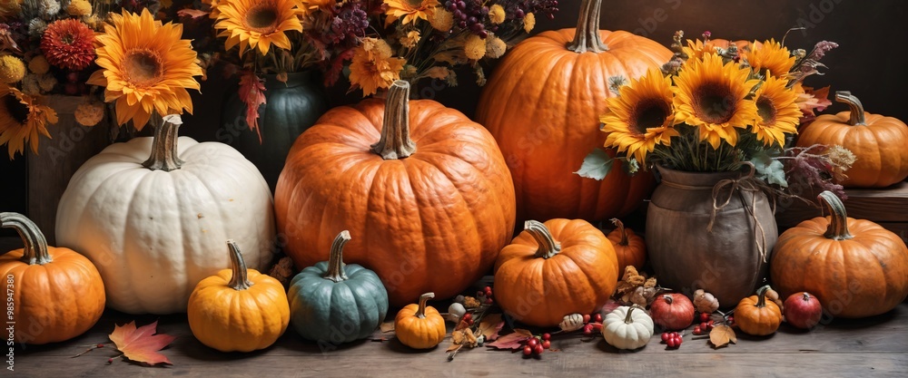 Vibrant Autumn Harvest with Colorful Pumpkins and Fall Flowers Vibrant Autumn Harvest with Colorful Pumpkins and Fall Flowers
