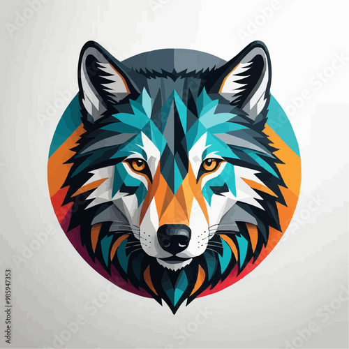 Stylized wolf head illustration with vibrant geometric design on a light background