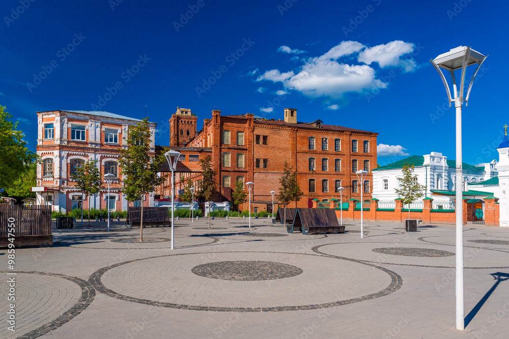 View of the square near the Church of Elijah the Prophet in the small Russian town of Shuya
