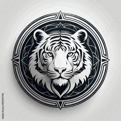 Tiger head illustration with intricate details and circular geometric design on a light background
