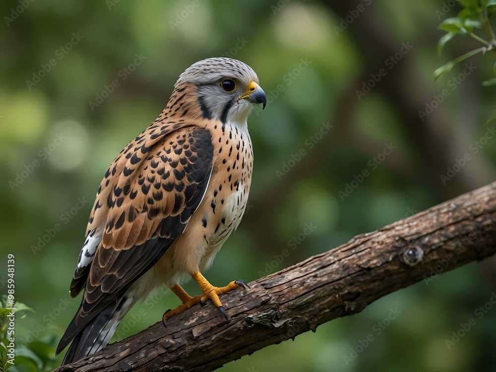 Elegant kestrel perched on a tree branch surrounded by greenery. Elegant kestrel perched on a tree branch surrounded by greenery.
