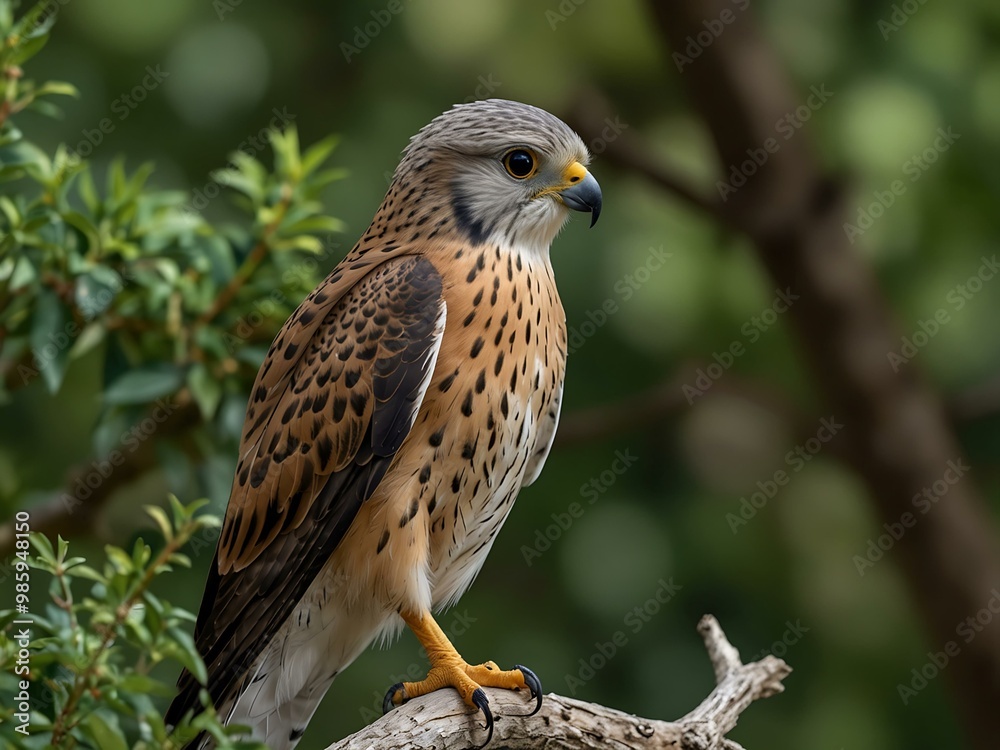 Elegant kestrel perched on a tree branch surrounded by greenery. Elegant kestrel perched on a tree branch surrounded by greenery.