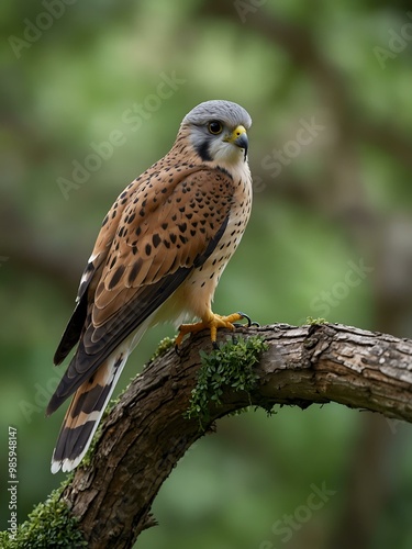 Elegant kestrel on a tree branch in lush greenery.