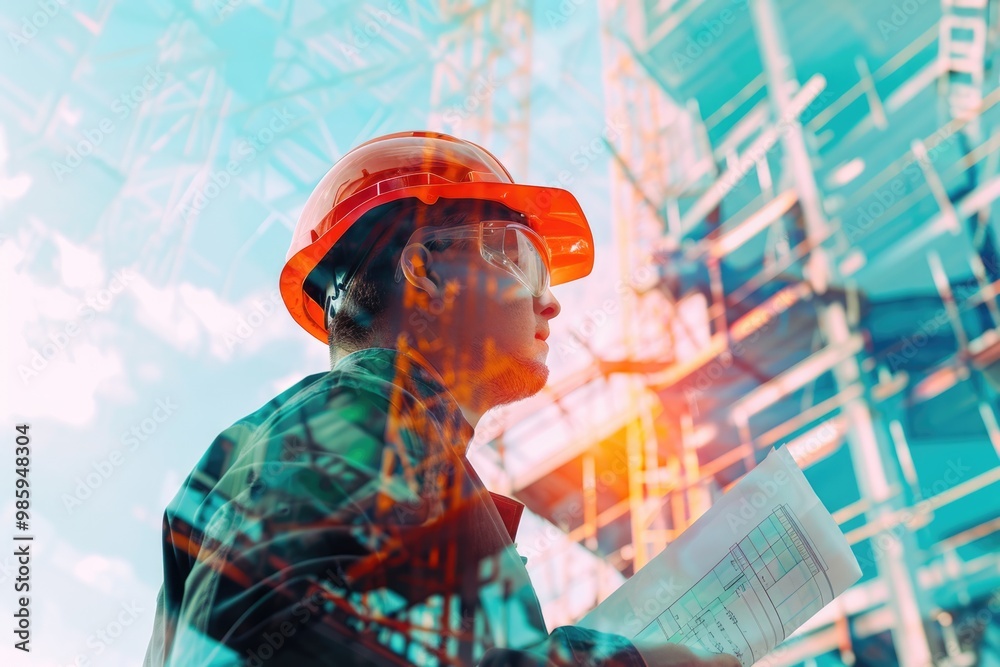 Engineer with blueprints at construction site. Engineer with blueprints at construction site.