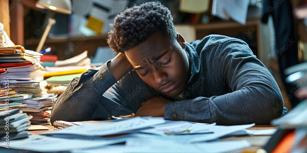Learning Curve: A student slumped over a desk, grappling with complex concepts and a mountain of assignments. Learning Curve: A student slumped over a desk, grappling with complex concepts and a mountain of assignments.