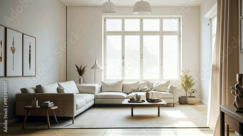 Modern minimalist Scandinavian-style living room with large windows filled with soft  natural light. Minimalist furniture  plants and neutral tones create a simple  calm and cozy atmosphere.