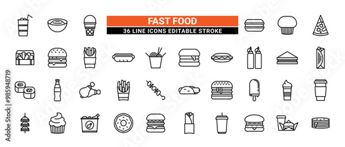36 Fast Food Line Icons Set Pack Editable Stroke Vector Illustration.