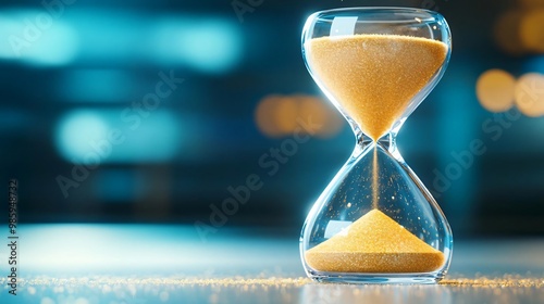 A close-up of a clear hourglass with flowing sand, symbolizing the passage of time and the importance of time management. photo