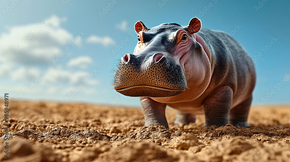 Fototapeta premium A close-up view of a hippo in a dry landscape, showcasing its unique features and expression under a bright sky.