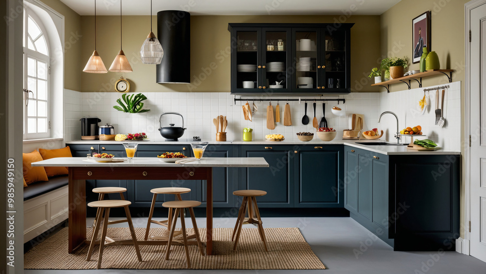 The illustration depicts a kitchen with a complete interior, from cabinets to cooking utensils. The kitchen is also decorated with delicious food, creating a warm and appetizing atmosphere. The illustration depicts a kitchen with a complete interior, from cabinets to cooking utensils. The kitchen is also decorated with delicious food, creating a warm and appetizing atmosphere.