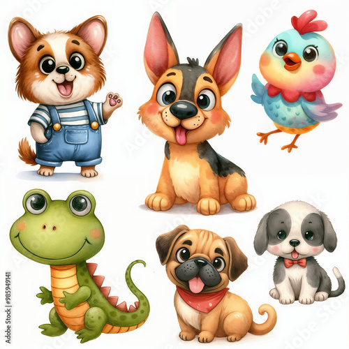 Set of pets on white background. AI